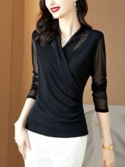 春の氷の糸のネットのvネックの底のシャツの長袖のtシャツの女性は交差して腰の砕花の新型の腹を収めてやせている上着を現します。