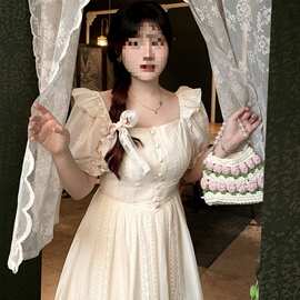 大码女装夏胖mm法式复古设计感小众蕾丝连衣裙遮肉显瘦长款裙子