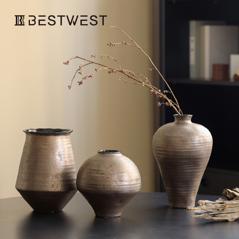 Retro Wabi-Sabi Style Ceramic Vase Ornaments, Medieval Design, Niche Dried Flower Arrangements, Artistic Pottery Art