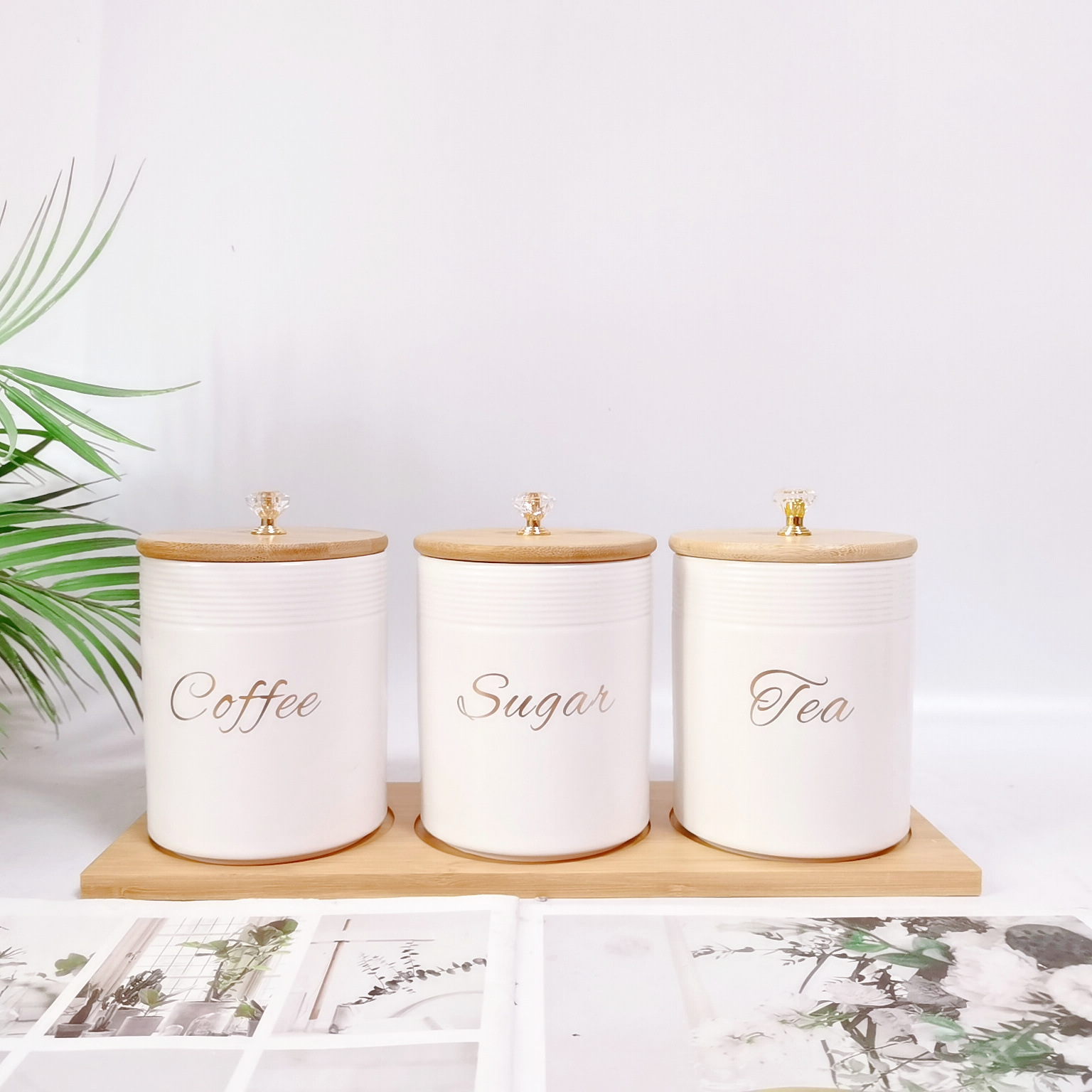 Comercio exterior transfronterizo Oriente Medio Exportar tarro sellado de cerámica con tapa de madera tarro de almacenamiento condimento de cocina tarro de té de café tarro