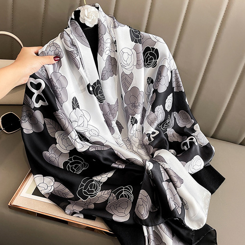 Xiaoxiangfeng Camellia fashion silk scarf women's dual-use temperament scarf autumn and winter warm gauze scarf temperament large shawl to keep out the cold