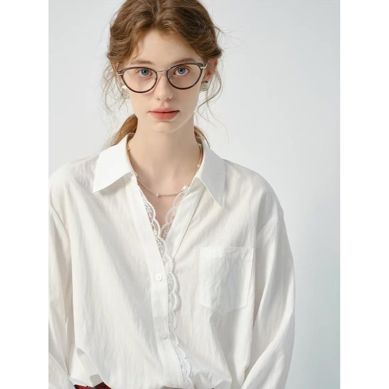 Vegcahang White Shirt Women's Long-Sleeved 2026 Spring New Style European Style Lace Loose Shirt