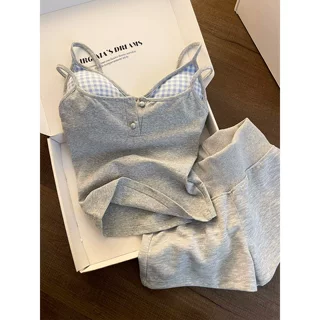 bm辣妹格子假两件带胸垫吊带睡衣女夏季修身短裤家居服套装可出门