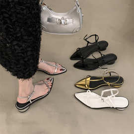 小众感法式凉鞋仙女鞋2024夏季新款细带粗跟尖头配裙子罗马鞋