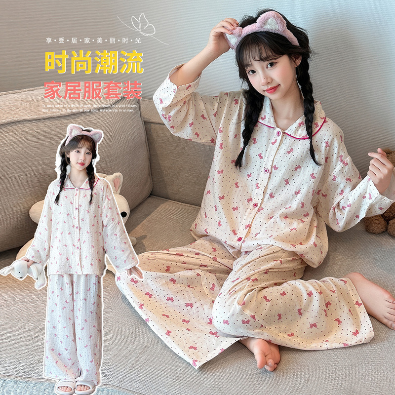 女童睡衣波点睡衣2025年新春秋长袖长裤甜美纯棉套装家居服两件套|undefined