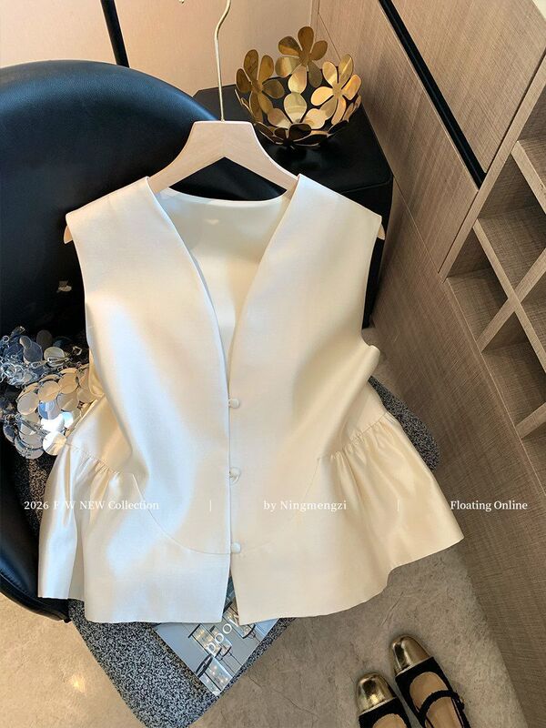 French Pearlescent V-Neck Ruffled Sleeveless Vest for Women 2026 Spring and Summer New Style Gentle Elegant Age-Reducing Vest Top French Pearlescent V-Neck Ruffled Sleeveless Vest for Women 2026 Spring and Summer New Style Gentle Elegant Age-Reducing Vest Top
