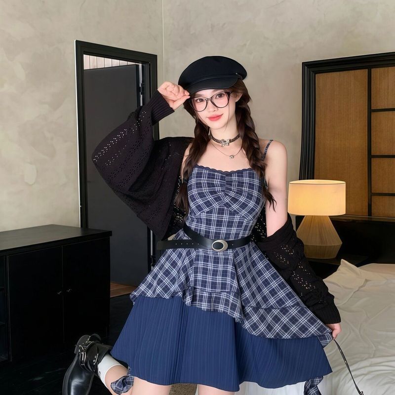 胖mm韩系辣妹时尚格纹女秋季新款收腰显瘦不规则吊带裙大码连衣裙|undefined