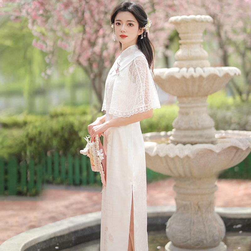 Diseño original de nuevo estilo de cara de flor de melocotón estilo chino retro diario elemento Han mejorado conjunto de cheongsam 8631