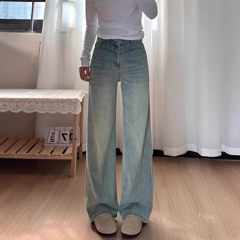 浅色阔腿牛仔裤女2025夏新款梨形身材高个子加长窄版直筒拖地裤|undefined