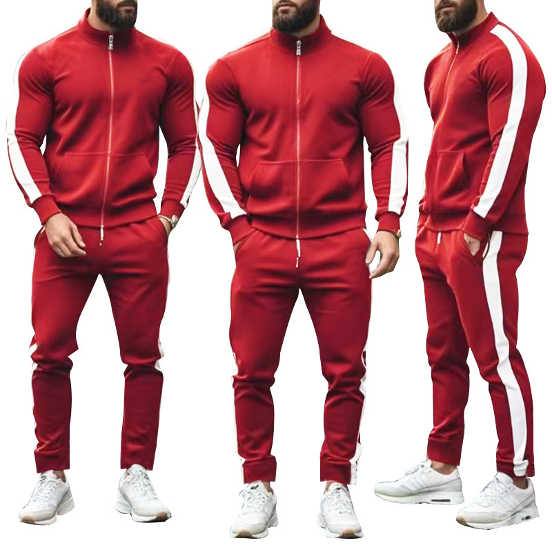 Traje de dos piezas de otoño e invierno de manga larga para hombre transfronterizo de Amazon, chaqueta deportiva casual con cuello alto en contraste, suéter, traje de hombre