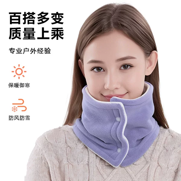 Cross-Border 2024 Double-Sided Thickened Women's Fleece Neck Warmer with Snap Buttons, Japanese and Korean Style, Cold-Proof and Warm Fleece Neck Scarf