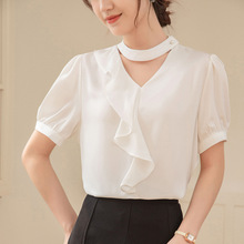 白色短袖衬衫女夏季新款法式缎面设计感小众垂感通勤职业衬衣批发