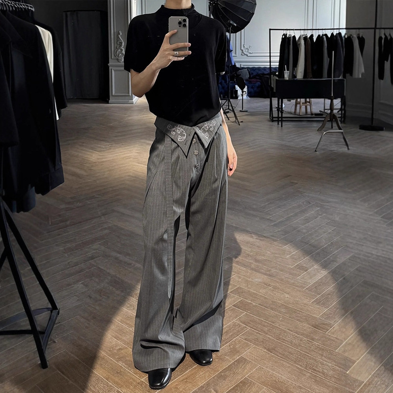 Zen-Inspired Wide-Leg Pants for Men, Summer Pleated Embroidered Striped High-Waisted Samurai-Style Tapered Trousers