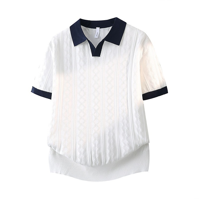 Polo camiseta de punto camiseta de manga corta hombre cuello en V cuello gaviota color de textura vieja camiseta de viento de verano fábrica transfronteriza al por mayor