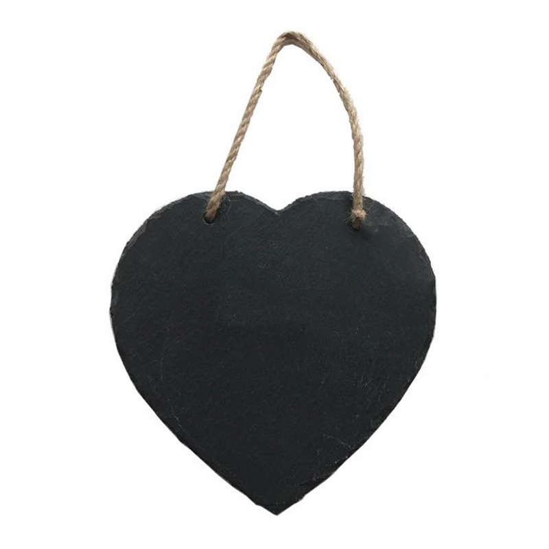 Mayorista etiqueta de planta de pizarra natural etiqueta de piedra de jardinería negra cardíaca pizarra cuadernita cuerda de cáñamo etiqueta colgante