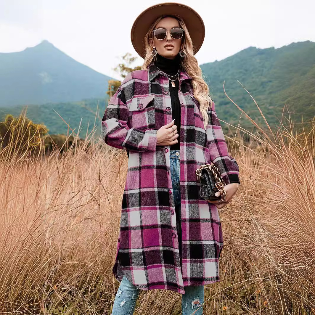 2022 Autumn and Winter European and American Style Windbreaker Jacket Side Slit Lapel Loose Woolen Plaid Jacket Real Shot Ready Stock