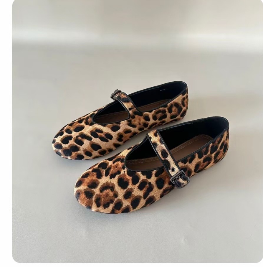 High-Quality Leopard Print Mary Jane Shoes Made in Dongguan, Genuine Leather, Single-Strap Ballet Flats with Thick Latex Soles