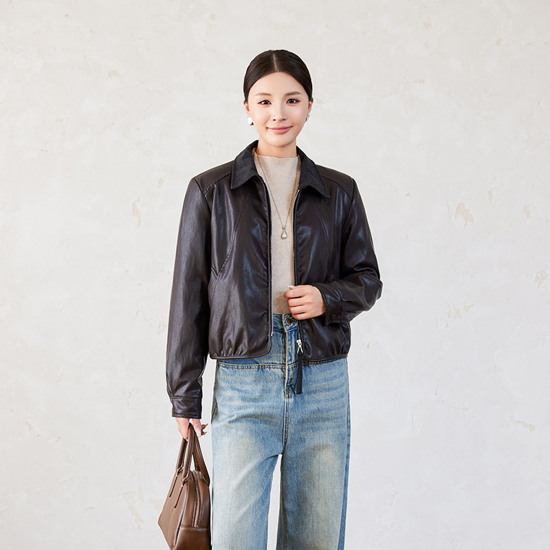 Áo khoác da nữ cổ bẻ dáng ôm phối lông bên trong kiểu mới — màu cà phê, đen, Màu cà phê Fleece dày, Màu đen Fleece dày chi tiết 13
