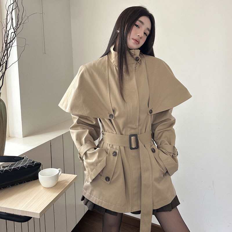 Windbreaker Coat Women's Design Sense Niche Vertical Collar Dark Placket Zipper Detachable Cape Jacket Jacket Coat Spring and Autumn