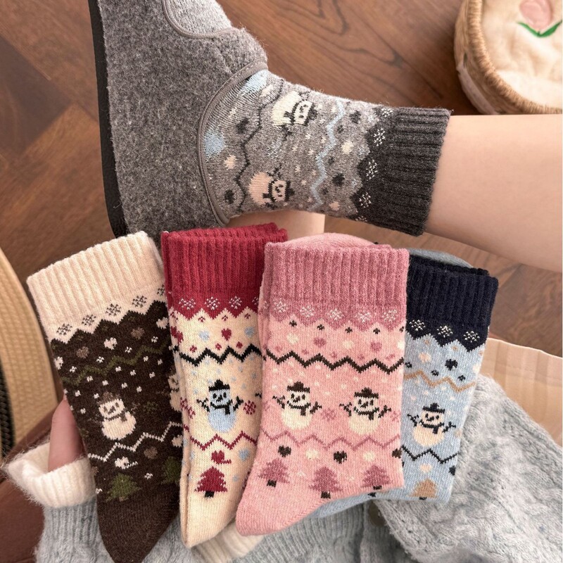 Christmas Atmosphere Nordic Fair Isle Wool Socks for Women Japanese Style Snowman Christmas Tree Autumn and Winter Thick Warm Mid-Calf Socks