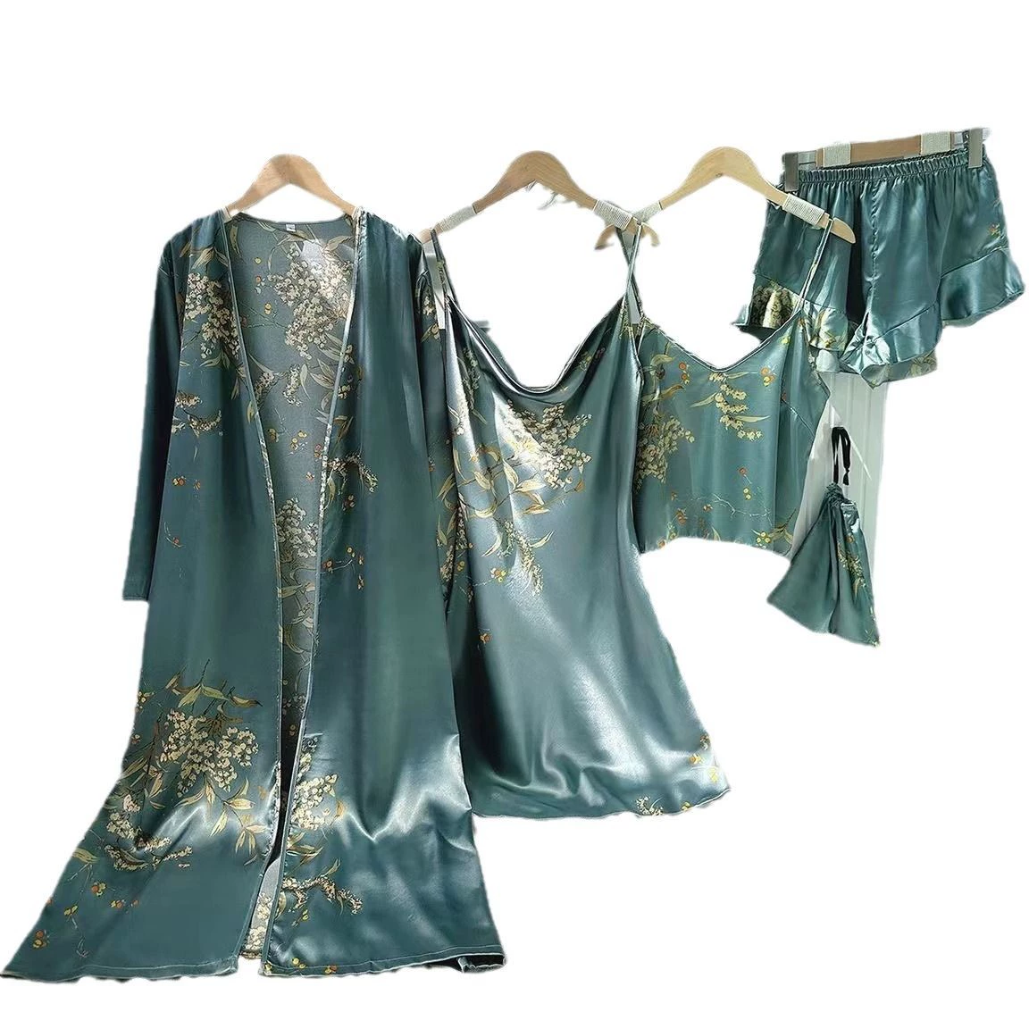 3‑шт pajama набор — тонкий халат, компрессия-комбинация, маи-ночь и шорты, легкий эффект подъема
