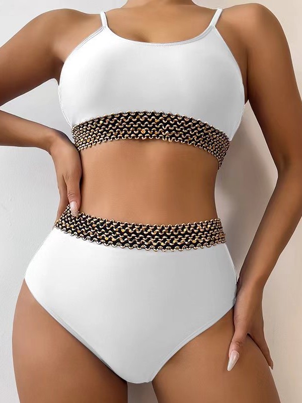 Bikini de Dos Piezas con Lentejuelas de Nylon, Tirantes, Color Sólido, para Natación image 6
