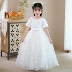 Girls summer long short-sleeved mesh tutu skirt evening dress sequined sweet host show singing competition long skirt