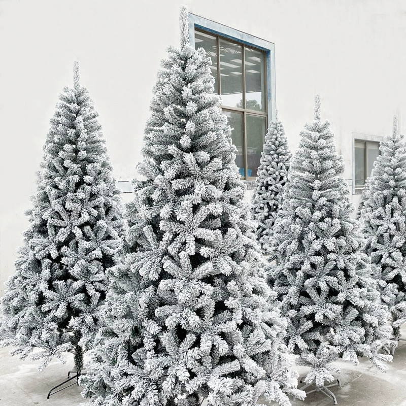 Flocked PVC Christmas tree, снеговая поверхность, бархат/облысевшие варианты, высоты 1.2–4.0 м
