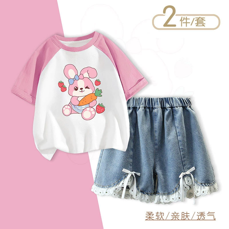 Summer set, cartoon denim short sleeve T-shirt, shorts, trousers, Korean style