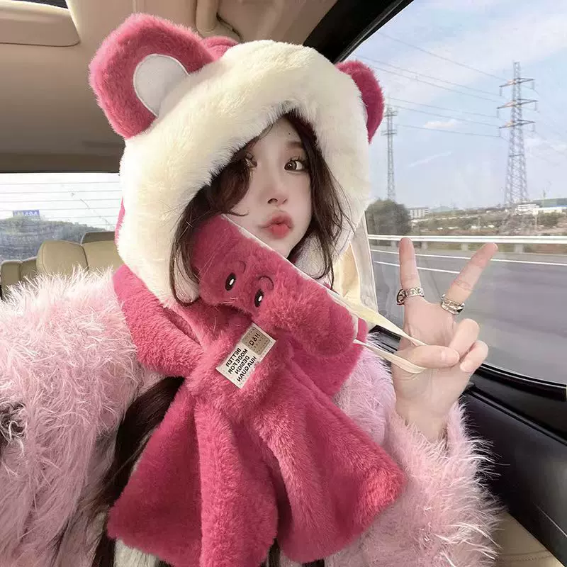 保暖草莓熊三件套小熊帽子围巾手套一体女秋冬季百搭可爱毛绒护耳
