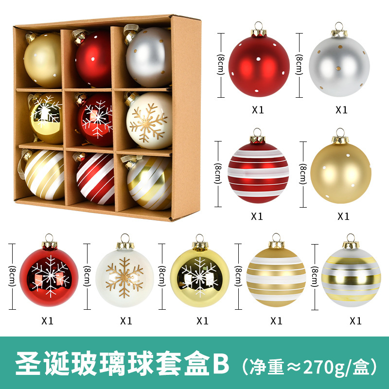 Decoraciones navideñas de vidrio pintado bola de decoración de árbol de Navidad accesorios colgantes bola colgante bola 9 bolas de caja 8CM
