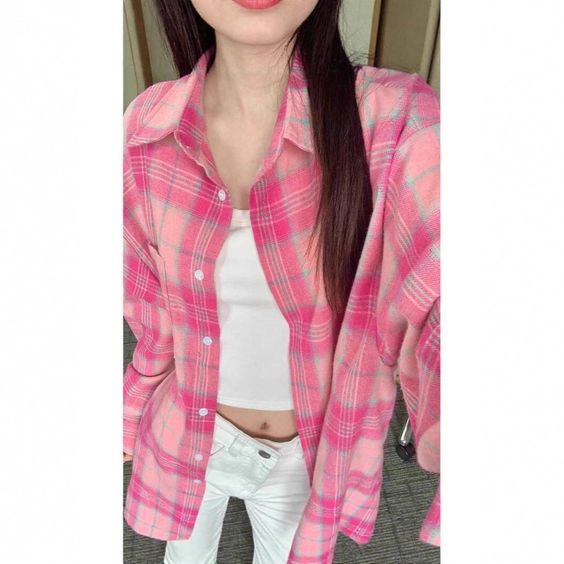 Pink Plaid Shirt Women's Spring & Fall New Loose Slimming Look Sun Protection Casual Jacket Lazy Shirt Long-Sleeved Top Pink Plaid Shirt Women's Spring & Fall New Loose Slimming Look Sun Protection Casual Jacket Lazy Shirt Long-Sleeved Top