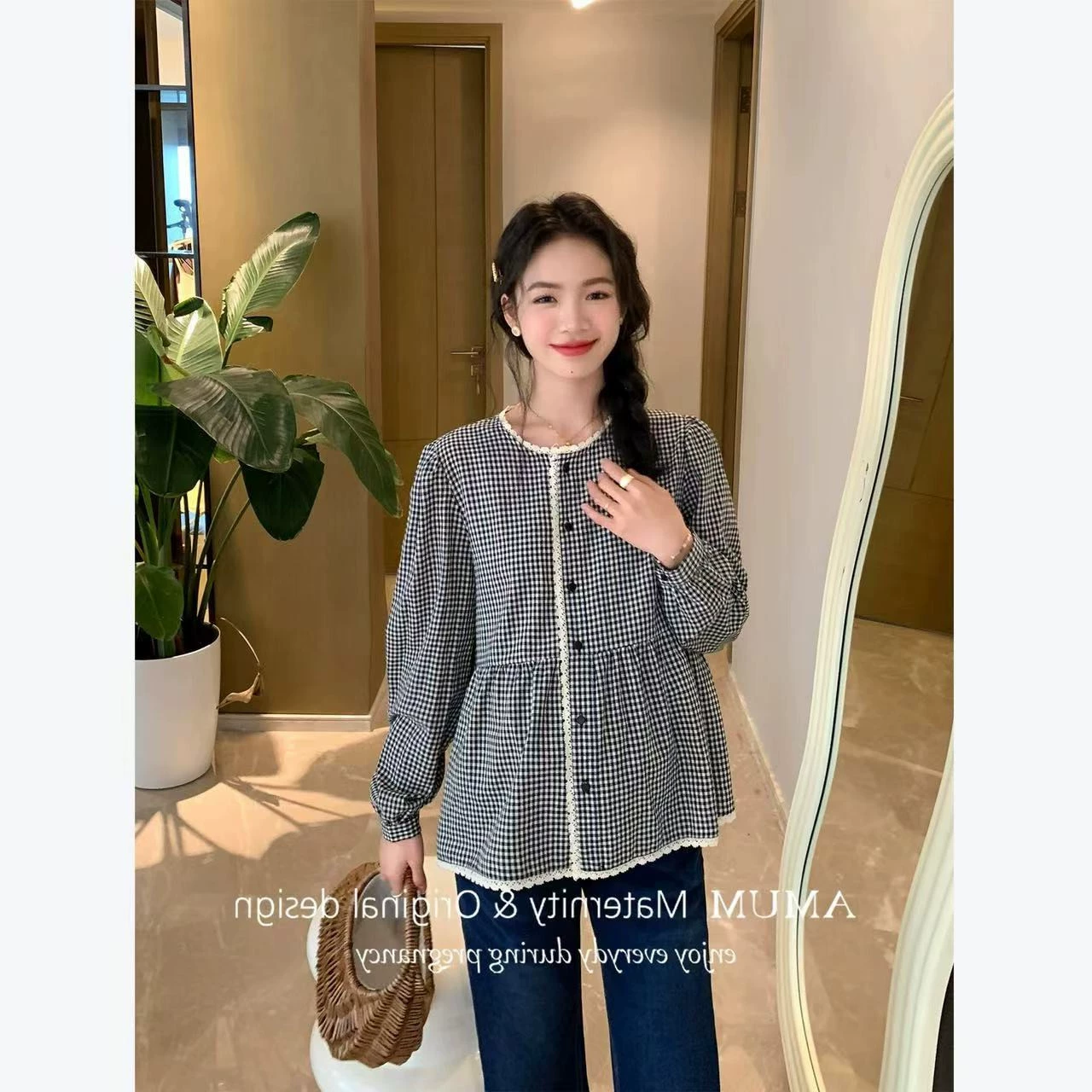 Платье для беременных с длинными рукавами блузка весна 2025 новая мода иностранная корейская версия клетчатой кружевной рубашки прилив мамы нижняя рубашка