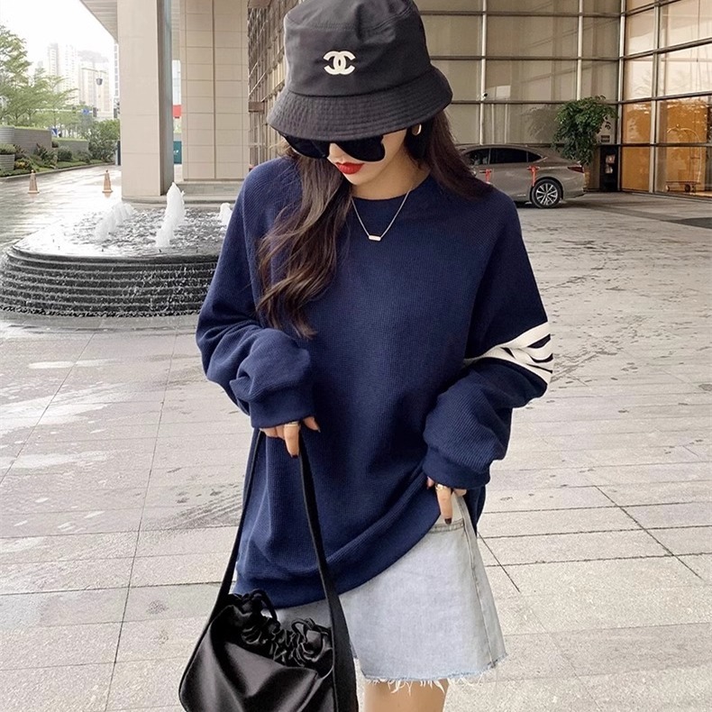 Waffle camiseta azul tibetano cuello redondo camiseta de manga larga 2026 otoño de moda casual suelta gran suministro de puestos