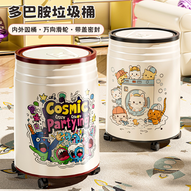 Trash Can Household Cartoon Living Room with Lid Paper Basket Large Capacity Kitchen Bedroom Bathroom Pulley Garbage Storage Bin