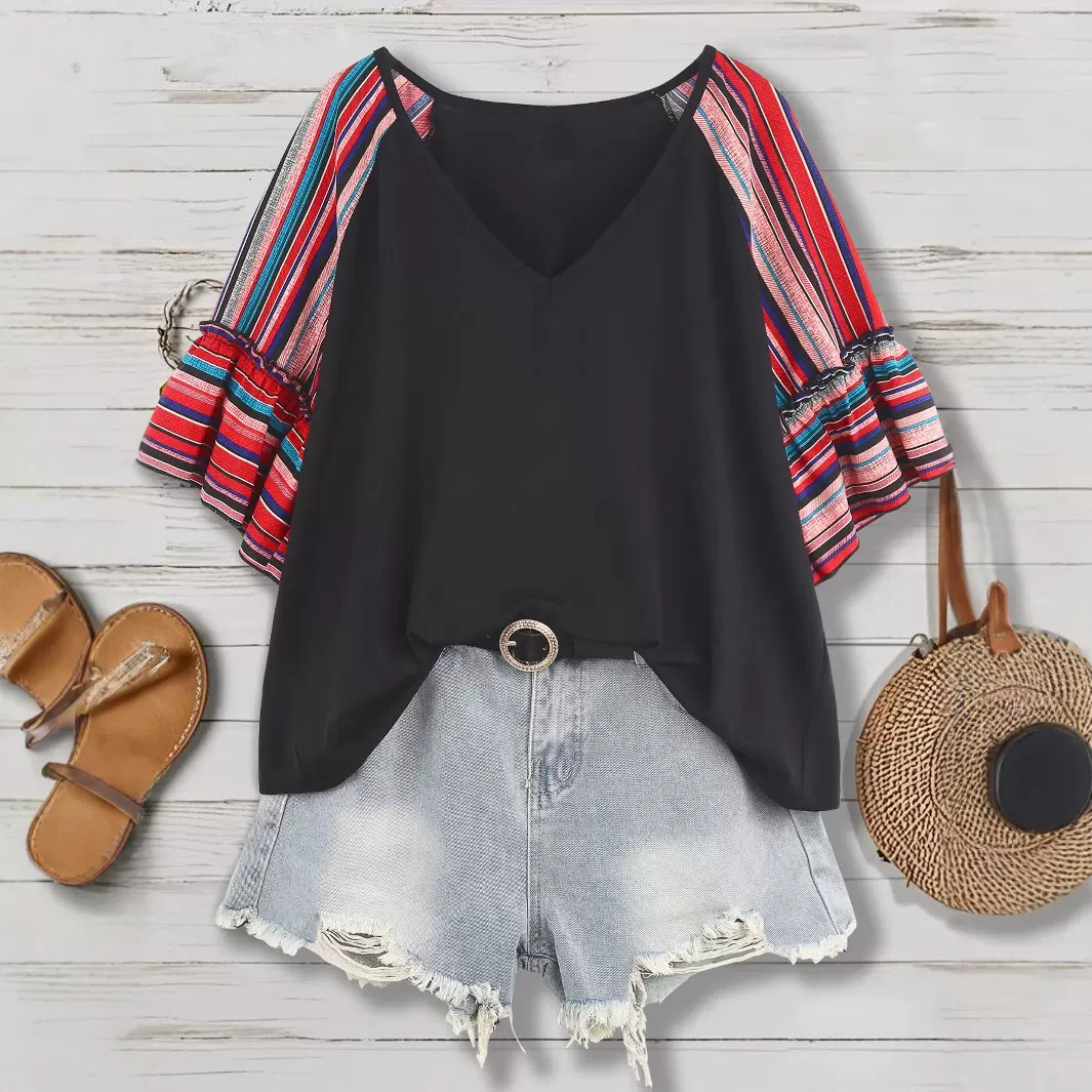 跨境欧美2025短袖女装独立站春夏休闲宽松V领印花拼接短袖上衣女