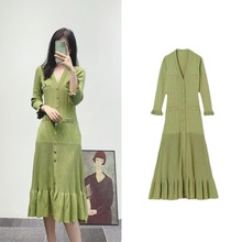 跨境女装法式轻奢拼接连衣裙女气质修身V领中袖荷叶边针织中长裙