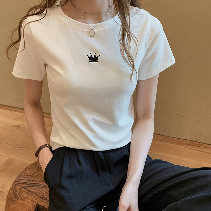 2025夏季新款修身刺绣圆领短袖T恤女装学生女士打底上衣一件代发|undefined