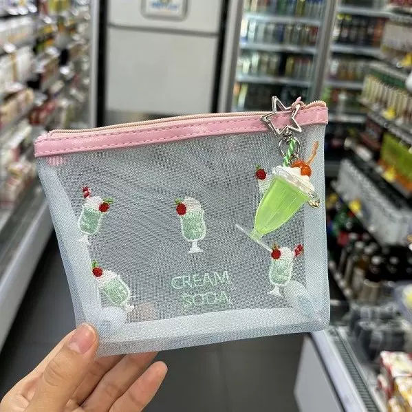 零钱包刺绣网纱包口红气垫收纳包奶油苏打夏日化妆包少女心小包