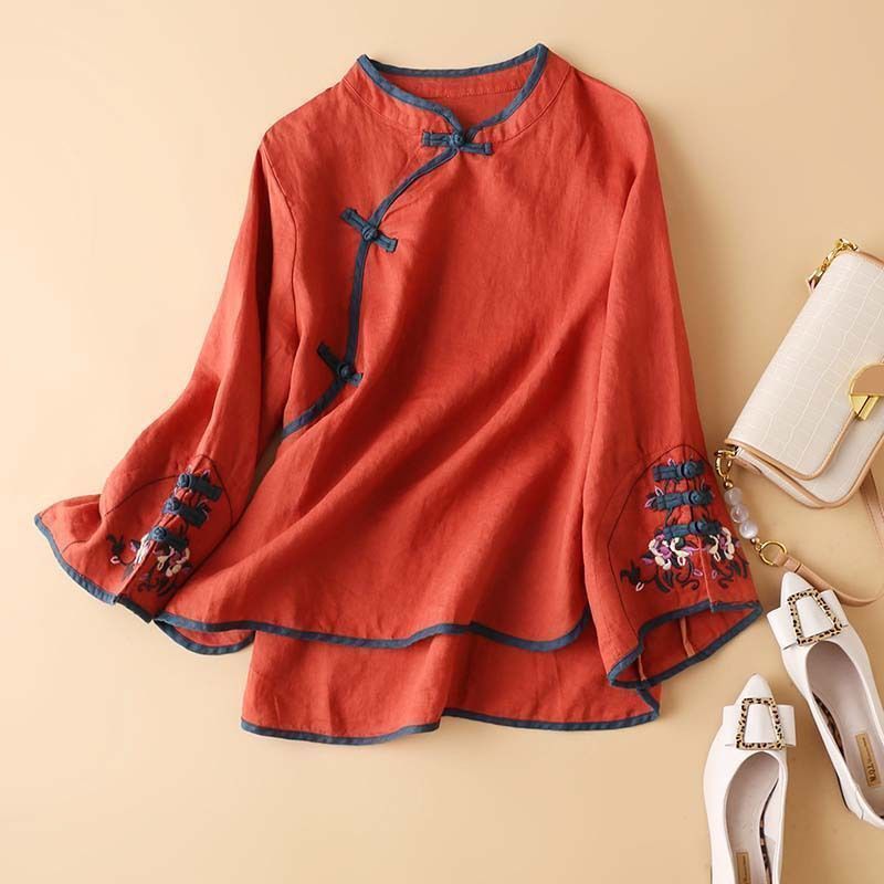 Women's Clothing Spring and Autumn New Chinese Style National Trend Women's Shirt with Diagonal Placket and Button Closure, Artistic Embroidery, Loose-Fitting Women's Blouse