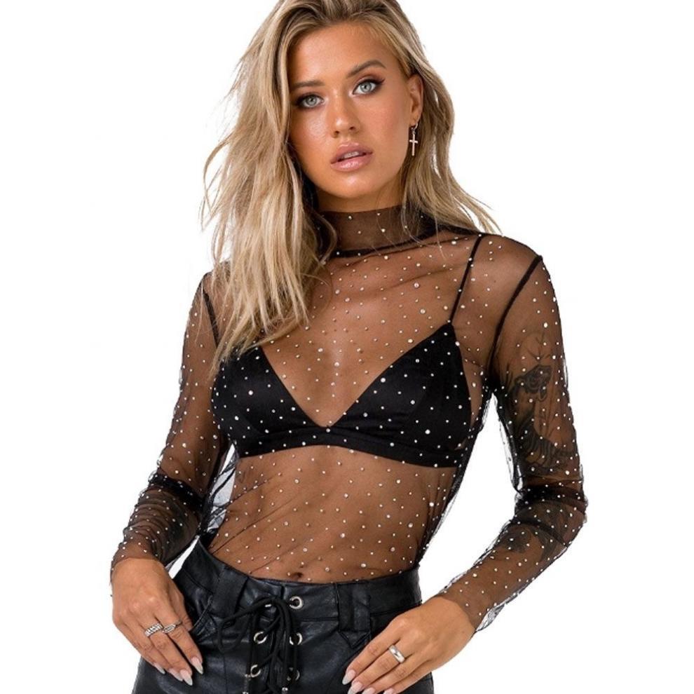Women's Transparent Lace Mesh Top With Sequins See Through Stylish Layering Trendy Base Layer Top_ecoleips.com