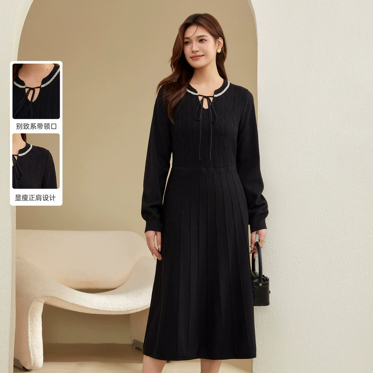 Сплошное шоу большого размера женская французская элегантная шнуровка с нежным ветром темперамент тонкое платье жирный мм зимний новый стиль