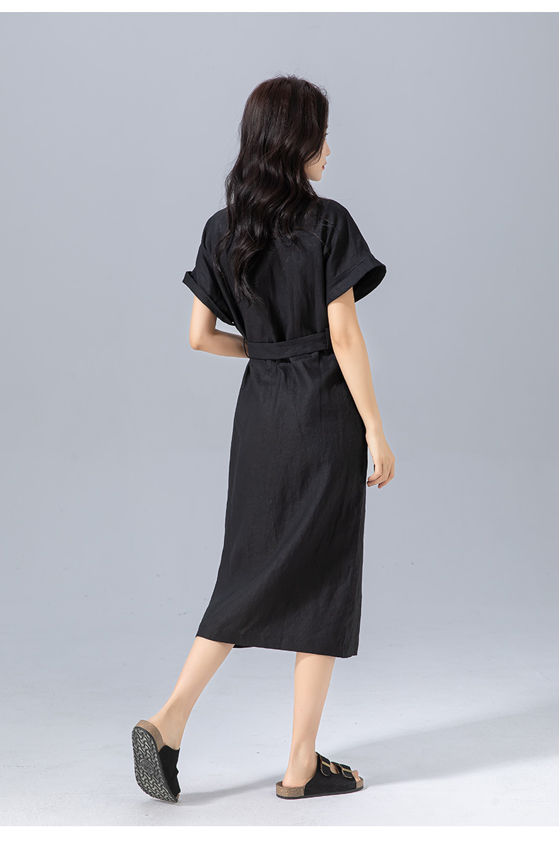Đầm maxi nữ vải lanh tay uốn cong chiết eo dáng suông mùa hè — Màu đen chi tiết 28