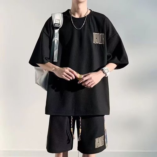 Chic Brand National Trend Little Bear Large Size Set for Men Summer Fashion Youth Short Sleeve Shorts Casual Sports Style Two-Piece Set