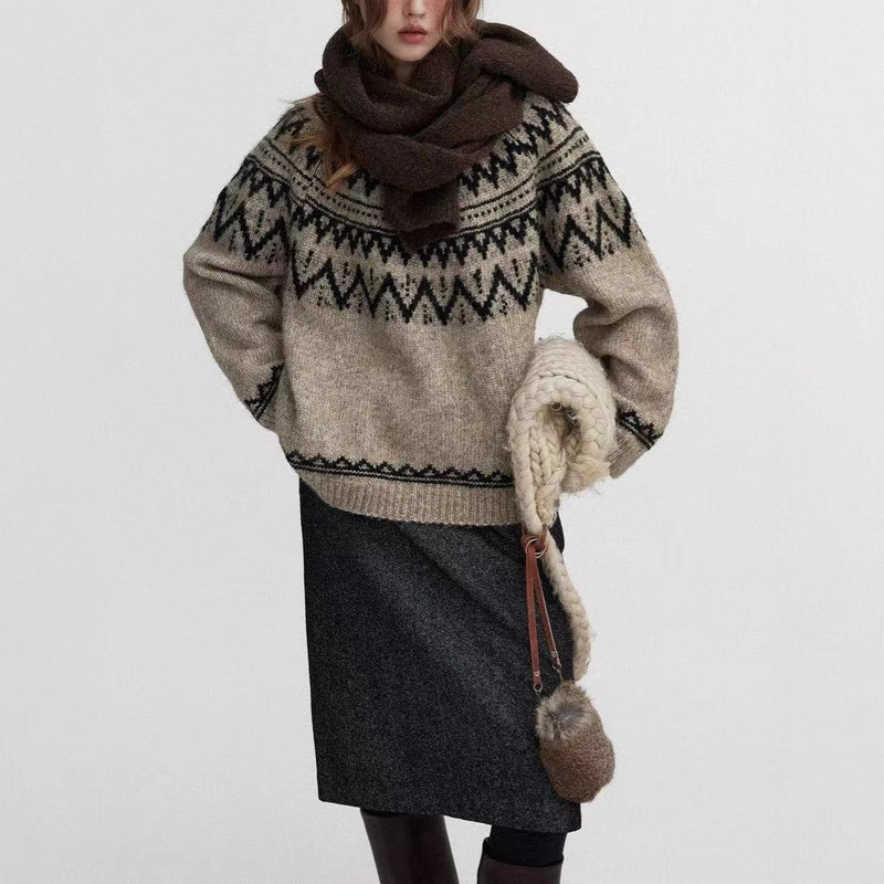 Iceland Is Snowing' Retro Fluffy High Alpaca Geometric Plaid Fair Isle Crew Neck Sweater for Women
