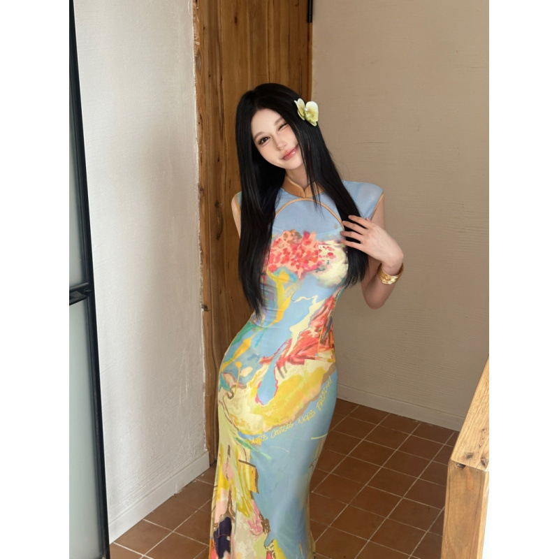 Real Shot in stock New Chinese Printed Cheongsam dress Women's Front and Back Mesh Vest Long Dress