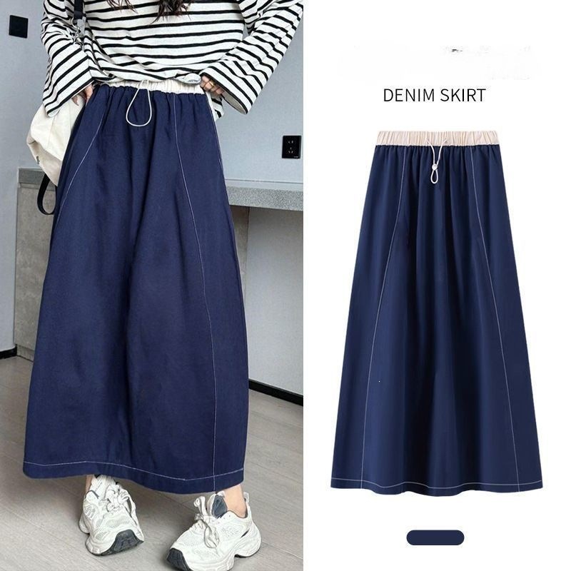Wholesale High-Waisted Casual Women's Skirts, Retro Style with Visible Stitching, Slimming Loose Fit, New Spring and Autumn Faux Denim Skirts