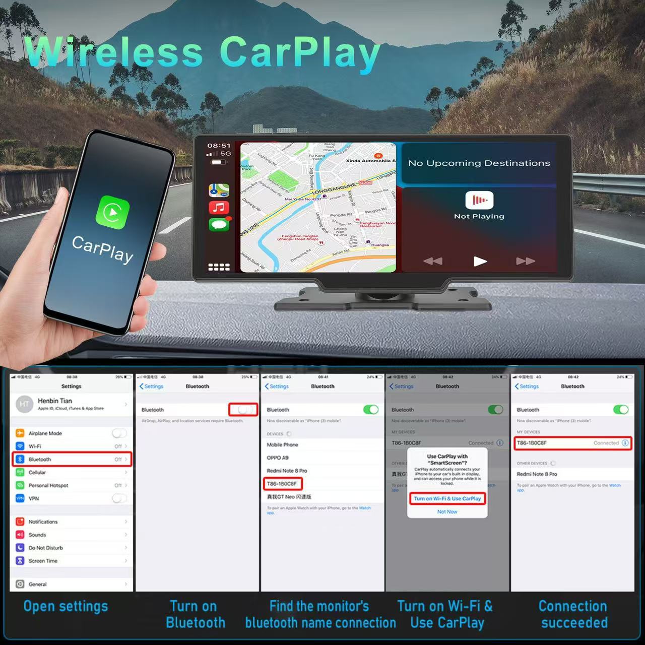 Center Console Android 13.0 Dash Cam with Hd Night Vision, Wireless Carplay, Android Auto Screen Mirroring, and Bluetooth