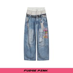 Fudge Pink 2025秋季New甜美少女个性设计图案牛仔长裤