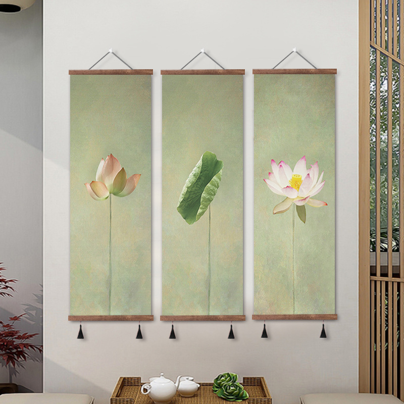 New Chinese-style ink lotus decorative painting scroll painting triptych Zen corridor corridor entrance is facing the door hanging painting vertical